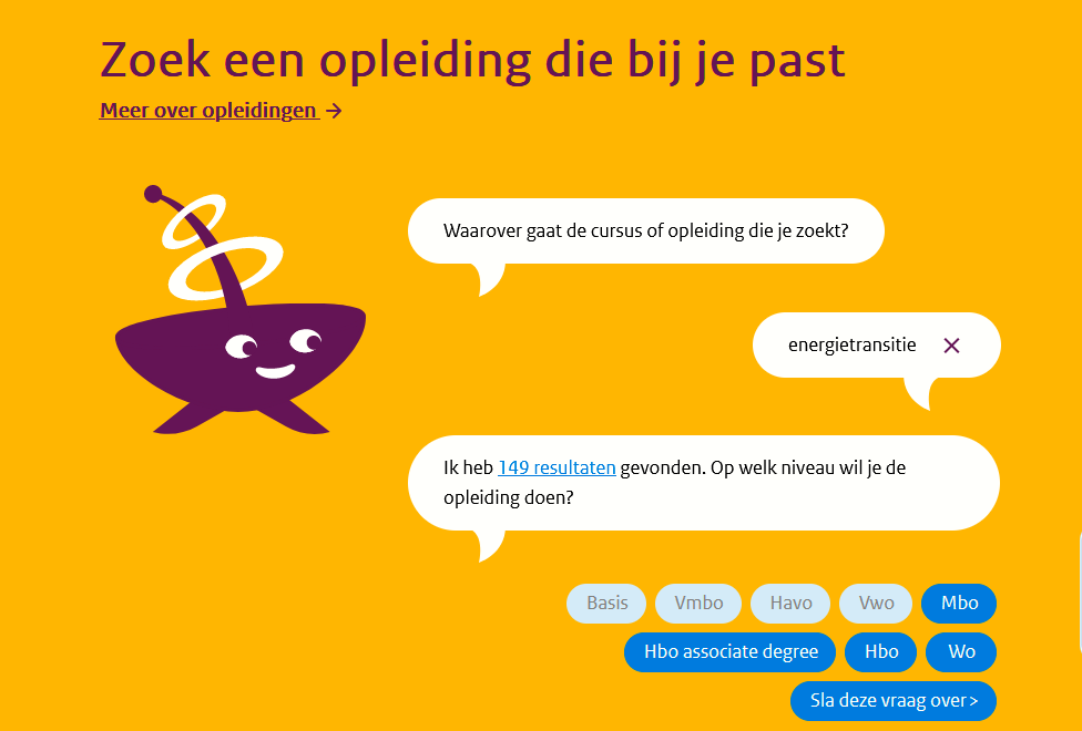 Screenshot van leeroverizcht.nl met een chat met de paarse mascotte: Waarover gaat de cursus of opleiding die je zoek? Engergietranistie - Ik heb 149 resultaten gevonden, op welk niveau wil je de opelding doen?