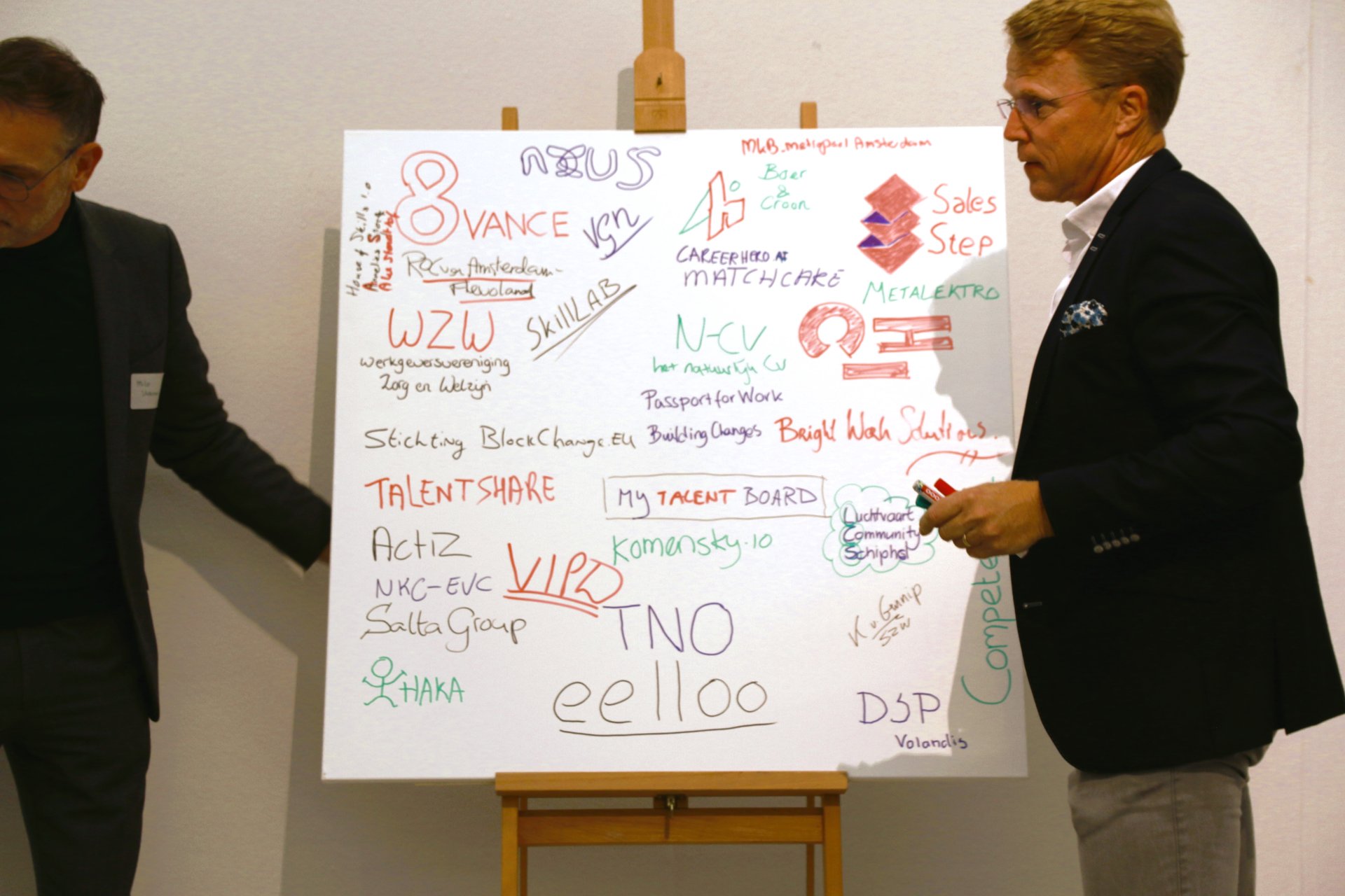 Programmamanager Integraal Skillspaspoort Hans Cremer staat voor een volgeschreven whiteboard op de conferentie ‘Samen op weg naar een Integraal Skillspaspoort’