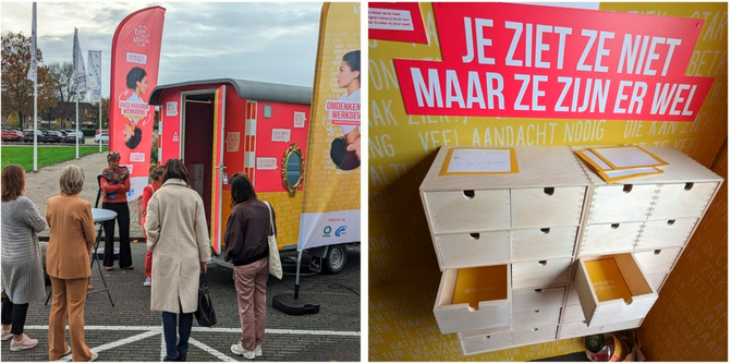 links: mensen lopen naar een bouwkeet met de tekst Omdenken voor werkgevers; rechts: een houtenladenkastje met 2 open ladenwaarin gele kaartjes met tekst liggen. Erboven staat: Je ziet ze niet maar ze zijn erwel.