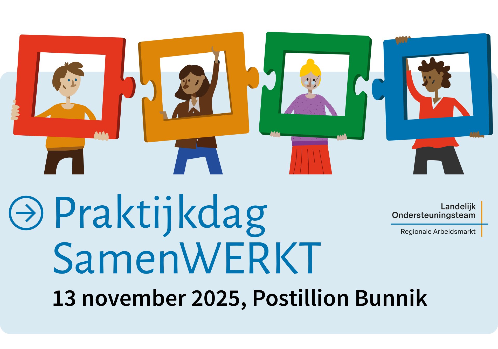 Als illustratie voor de Praktijkdag SamenWERKT houden 4 mensen ieder een puzzelstukje vast dat in het puzzelstukje van degene daarnaast past