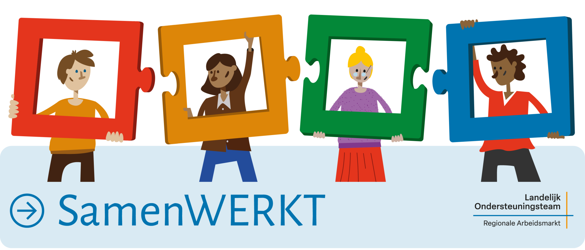 4 personen staan naast elkaar met ieder een puzzelstuk in de hand die op elkaar aansluiten. Daaronder staat het woord SamenWERKT