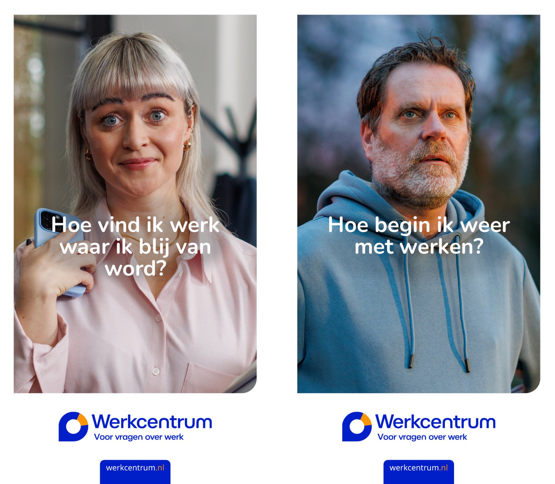 een vrouw vraagt "Hoe vind ik werk waar ik blij van word?", een man vraagt "Hoe begin ik weer met werken?"