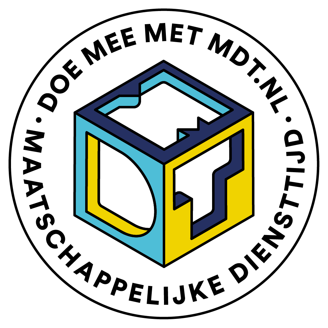 logo MDT: een kubus met de letters M. D en T en de tekst eromheen: Doe mee met MDT - maatschappelijke diensttijd