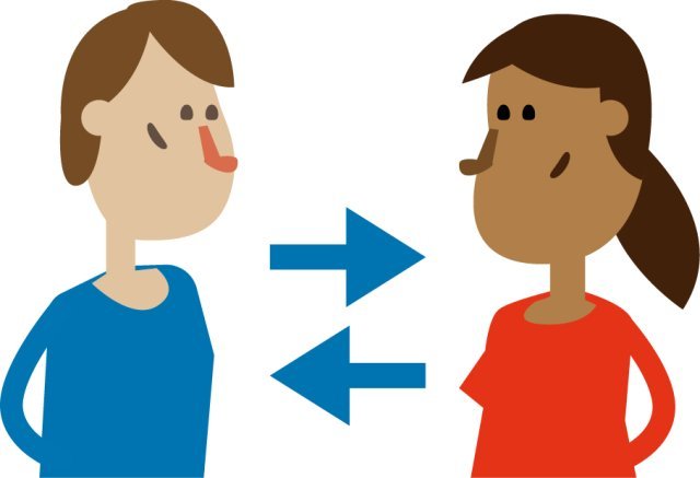 Legitimeer wat je doet. Illustratie: 2 figuren kijken elkaar aan, met daartussen 2 pijlen die naar elkaar wijzen