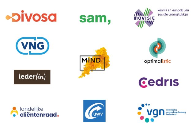 Logo's van de Divosa, Sam, Movisie, VNG, Mind, Optimalistic, Ieder(in), Cedris, Landelijke Cliëntenraad, UWV, VGN.