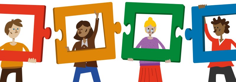 4 mensen houden ieder een puzzelstuk vast dat in het puzzelstukje past van degene ernaast